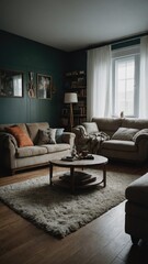 Fototapeta premium Cozy Living Room with Green Walls and White Curtains