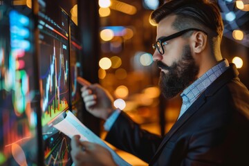 Obraz premium Portrait of a crypto broker reviewing financial reports, Generative AI