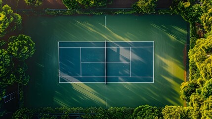 Aerial View of Pristine Tennis Court Surrounded by Lush Greenery
