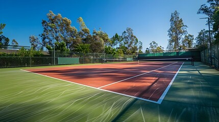 Bright and Vibrant Tennis Court in a Verdant Outdoor Setting