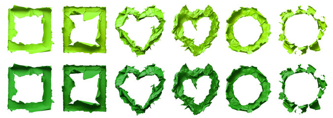 Naklejka premium Collection set of turquoise blue green crumpled crushed scrunched paper heart love, circle round, square with hole torn tear in middle on transparent cutout PNG. Many different design. Mockup template