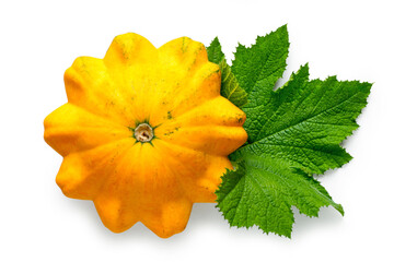 Yellow squash with leaves isolated on a white background. Vegetable natural squash view from above.