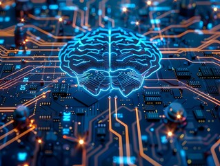 Glowing Brain Shaped CPU Circuits Converging on Digital Technology Concept