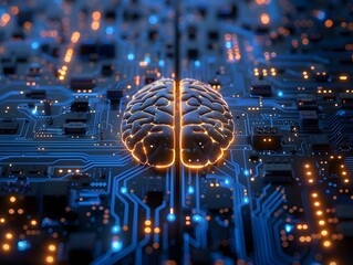 Glowing Brain Shaped CPU Circuitry Converging Towards Center of Advanced Digital Technology