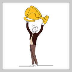 Continuous single line sketch drawing of business man successful achievement goal holding trophy reward. one line vector illustration success leader employee corporate celebration