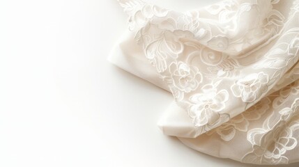 A delicate lace handkerchief, elegantly folded, isolated on a pure white background with ample space for text, capturing fine details and texture