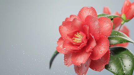 Single-Petal Red Camellia Flowers with Dewdrops Against a Plain White Background,