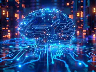 Glowing Circuits Converging Towards a Central Brain Shaped CPU in a Futuristic Digital Landscape