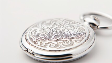 A polished silver pocket watch with intricate engravings, isolated on a clean white background, ample space for copy text, minimalist style