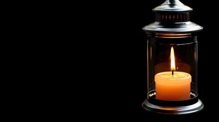 Antique lantern with a glowing candle, isolated background, plenty of copy text space below
