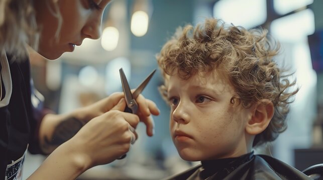 Photo of a young barber with short blonde hair using scissors to trim the bangs of a boy with curly brown hair in a modern hair salon setting highlighting professional hair styling techniques