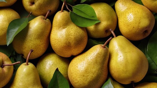 Close up of fresh pear fruit background with leaves, top view. Photorealistic high resolution macro photography for advertising&nbsp;or&nbsp;food&nbsp;design.