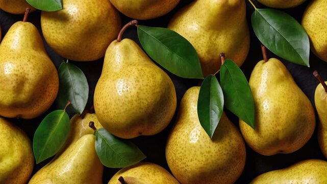 Close up of fresh pear fruit background with leaves, top view. Photorealistic high resolution macro photography for advertising&nbsp;or&nbsp;food&nbsp;design.