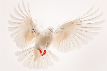 Fototapeta premium A beautiful white dove in mid-flight with wings fully spread, representing peace and freedom. Captured against a light background.