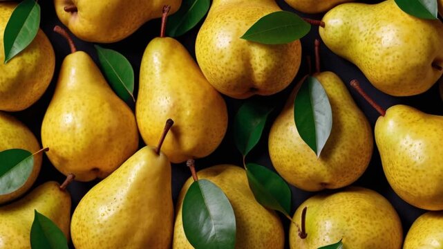 Close up of fresh pear fruit background with leaves, top view. Photorealistic high resolution macro photography for advertising&nbsp;or&nbsp;food&nbsp;design.