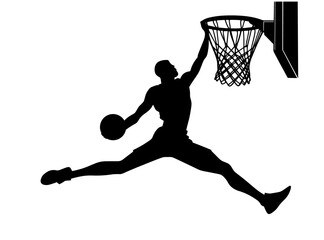 vector silhouette of a male basketball player slam dunk, scoring the ball to the net, transparent background