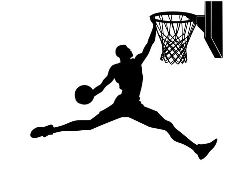 vector silhouette of a male basketball player slam dunk, scoring the ball to the net, transparent background