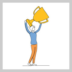 Continuous single line sketch drawing of business woman successful achievement goal holding trophy reward. one line vector illustration success leader employee corporate celebration