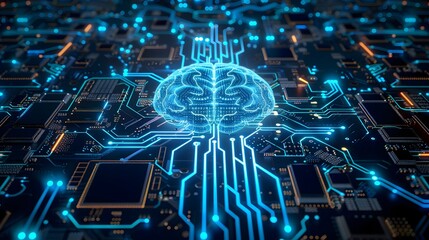 Obraz premium Glowing Digital Brain Futuristic Circuit Board Technology Converging Towards Central CPU