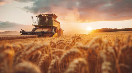 Fototapeta premium A combine harvester drives through a wheat field, harvesting crops in the countryside.