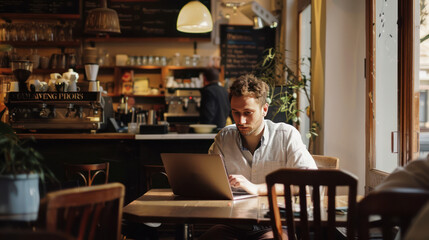 Fototapeta premium Adult man working on laptop in a cafe restaurant
