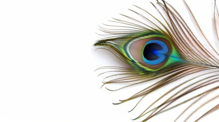 Obraz premium Vibrant peacock feather with eye pattern, isolated, blank background with text space