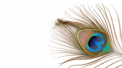Obraz premium Vibrant peacock feather with eye pattern, isolated, blank background with text space