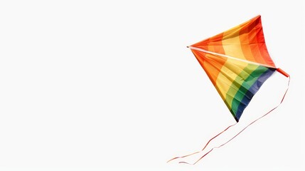 Vibrant rainbow-colored kite soaring in a clear sky, isolated background, perfect for advertisements, plenty of copy text space