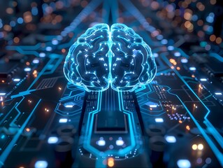 Glowing Brain Shaped CPU on Converging Futuristic Circuit Boards with Blue Lighting