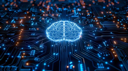 Glowing Brain Shaped CPU Circuits Converging in a Futuristic Digital Landscape