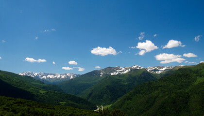 Fototapeta premium Snow-capped mountains under blue sky with forested hills in foreground.