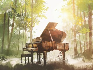 A grand piano nestled in a serene forest, surrounded by sunlight and greenery, evoking tranquility and musical inspiration.
