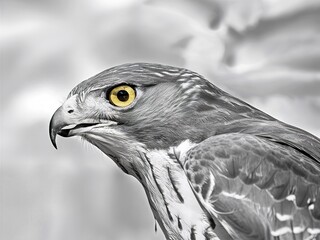 predatory bird hawk with bright yellow eye close-up on a gray background