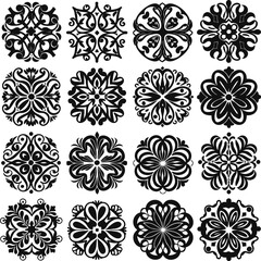 Elegant Floral Ornament, black and white vector set of flower shilouette ornaments.