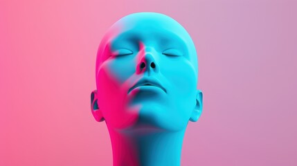 A futuristic mannequin head with vibrant blue and pink lighting, showcasing an artistic blend of colors and forms.