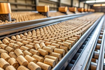 wooden brown cork on production line conveyor belt