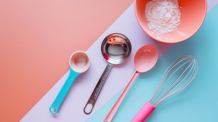 Colorful Baking Utensils on Pastel Background with Measuring Cups, Spoon, Whisk, and Flour in Bowl