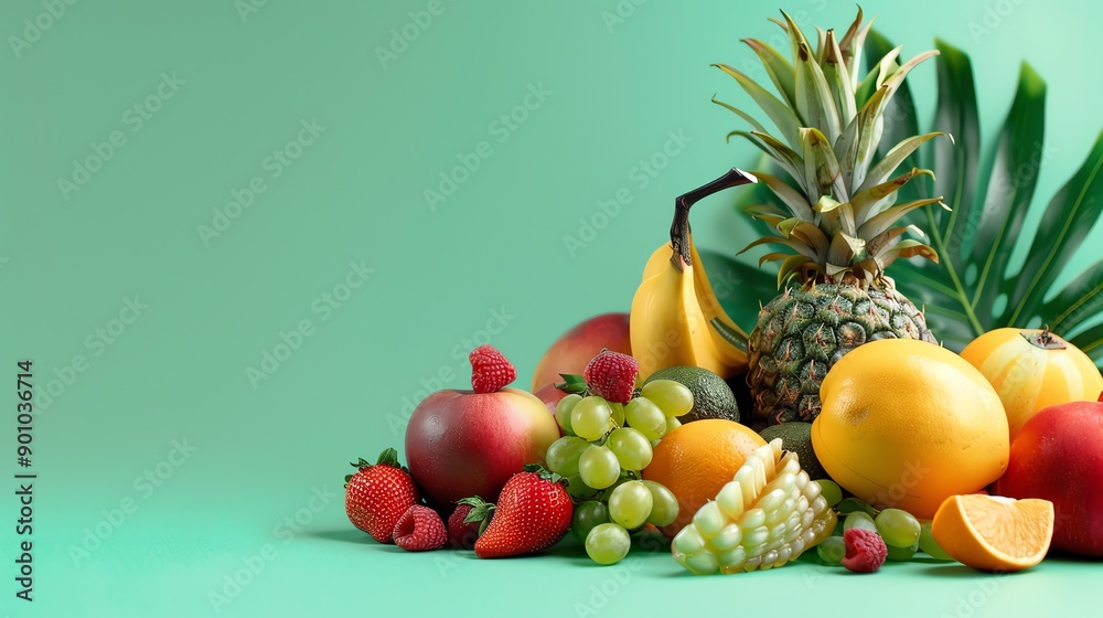 Canvas Prints A vibrant collection of fresh fruits arranged on a green background.