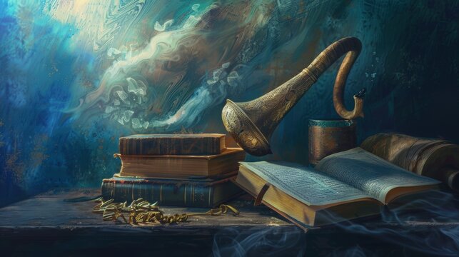 Illustration of Yom Kippur with a focus on a beautifully designed shofar, traditional prayer books, and a serene, reflective atmosphere, capturing the essence of atonement and repentance.