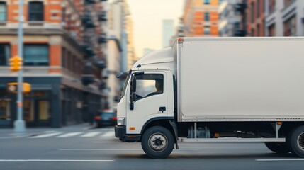 A delivery truck driving through a busy city street, high resolution,