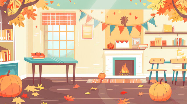 Cozy Autumn Interior with Fireplace, Pumpkins, and Colorful Leaves in a Warm and Inviting Living Room Setting
