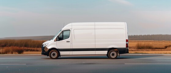 A modern delivery van on a clean road, highlighting efficient transport systems and safety protocols,