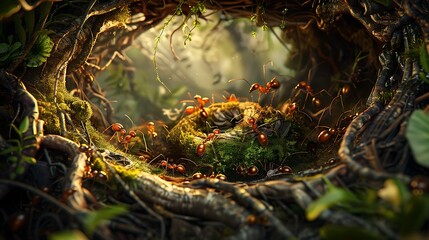 Visual Representation of an Ant Nest Capturing Ants in Action Including Egg Care, Queen Support, and Tunnel Development