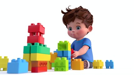 A cartoon boy playing with colorful building blocks.