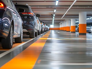 Fototapeta premium Organized and Illuminated Car Parking Garage Interior With Linear Pattern