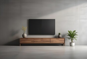 Modern wooden TV stand with a large flat screen TV mounted on the wall, a potted plant, and a decorative vase on the stand against a gray concrete wall background
