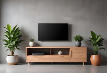 Modern wooden TV stand with a large flat screen TV mounted on the wall, a potted plant, and a decorative vase on the stand against a gray concrete wall background