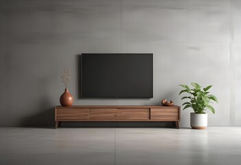 Modern wooden TV stand with a large flat screen TV mounted on the wall, a potted plant, and a decorative vase on the stand against a gray concrete wall background
