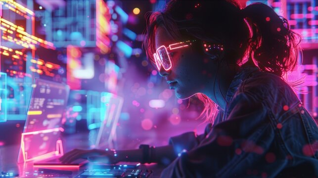 A female programmer works intensely at a futuristic computer, illuminated by vibrant neon lights and digital data displays.