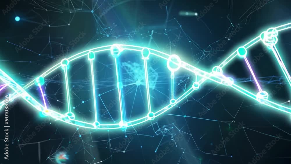 Poster glowing dna chains rotating in artistic artificial intelligence background network generative ai